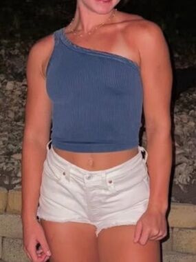 One-Shoulder Ribbed Tank Top in Blue